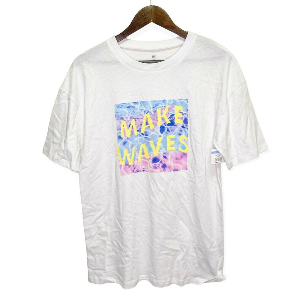 BP. Mens Size XS Oversized Short Sleeve Crew Neck T-Shirt Make Waves Print White